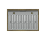 Forno Vittorio 36-Inch Wall Mount Range Hood, Antique Brass Trim, 424 CFM Airflow, Dishwasher-Safe Baffle Filters, Remote Control, 3-Speed Fan, Bright LED Lighting.