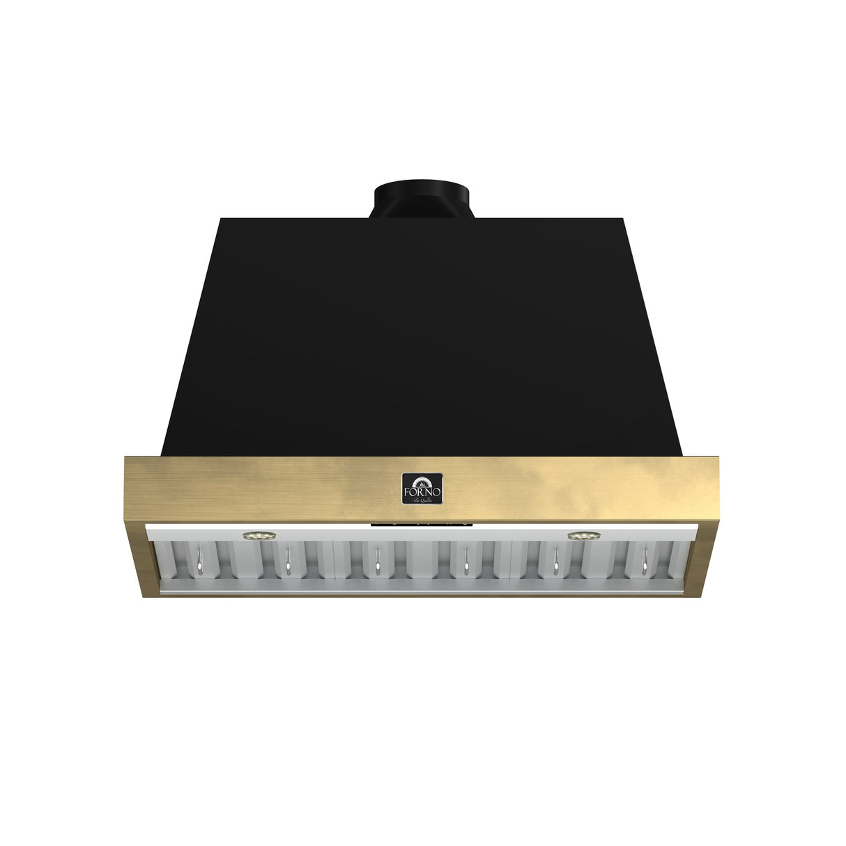 Forno Vittorio 36-Inch Wall Mount Range Hood, Antique Brass Trim, 424 CFM Airflow, Dishwasher-Safe Baffle Filters, Remote Control, 3-Speed Fan, Bright LED Lighting.