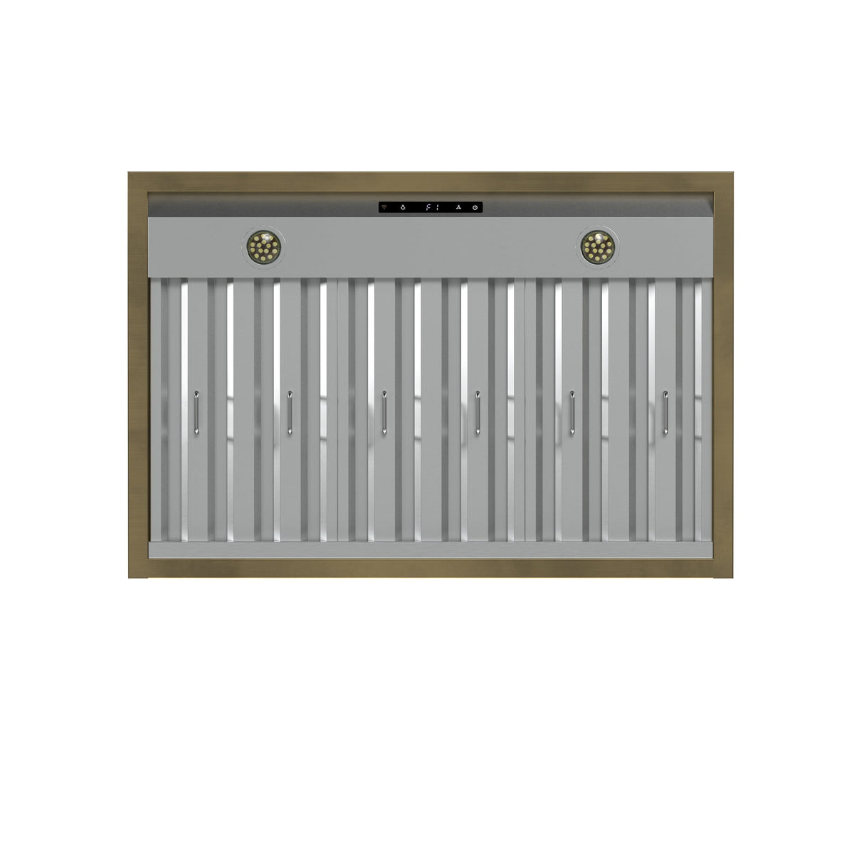 Forno Vittorio 36-Inch Wall Mount Range Hood, Antique Brass Trim, 424 CFM Airflow, Dishwasher-Safe Baffle Filters, Remote Control, 3-Speed Fan, Bright LED Lighting.