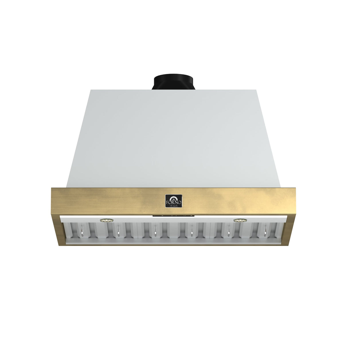 Forno Vittorio 36-Inch Wall Mount Range Hood, Antique Brass Trim, 424 CFM Airflow, Dishwasher-Safe Baffle Filters, Remote Control, 3-Speed Fan, Bright LED Lighting.