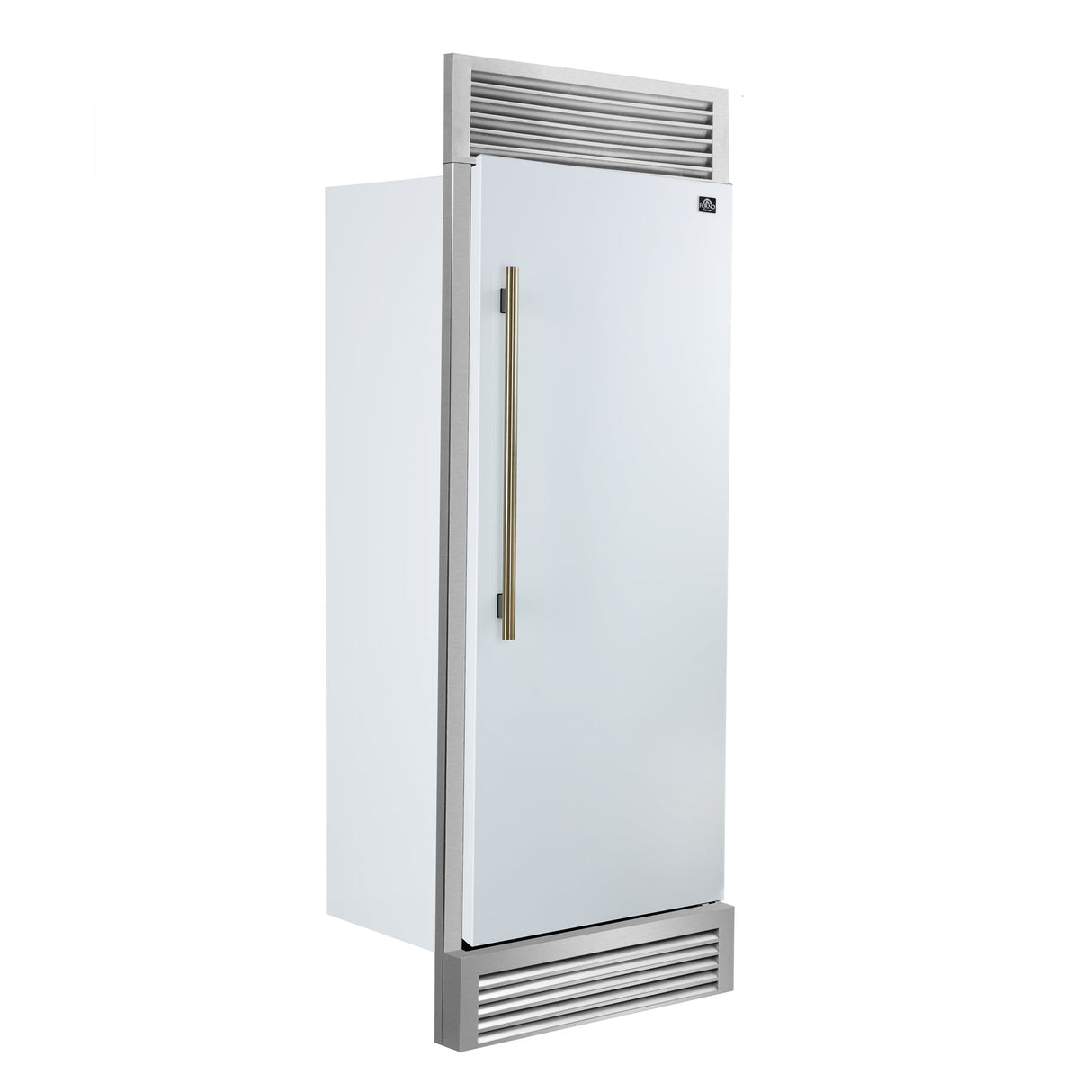 Forno Maderno 28" Built-In Convertible Refrigerator – 13.6 cu.ft, Antique Brass Handle & Decorative Trim
