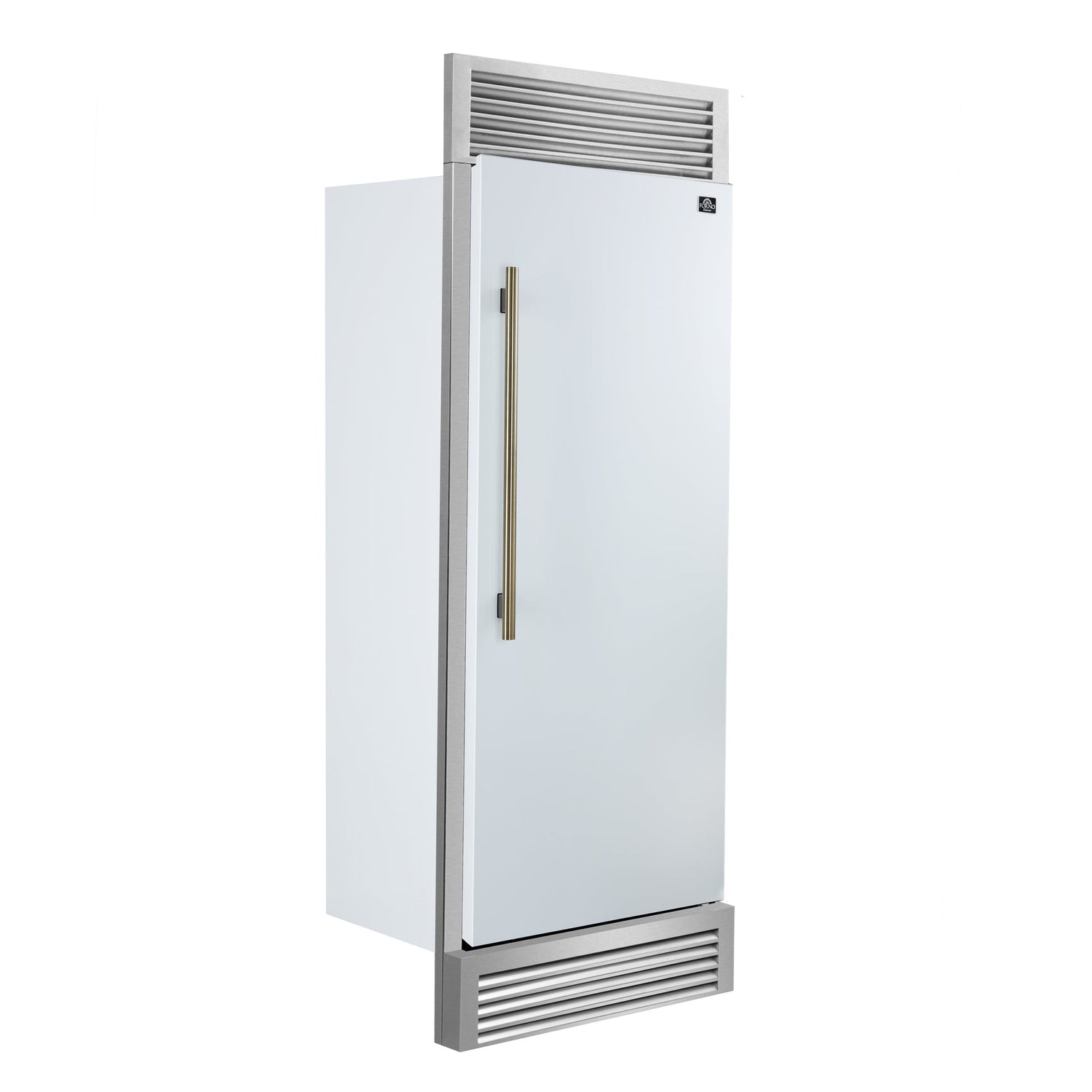 Forno Maderno 28" Built-In Convertible Refrigerator – 13.6 cu.ft, Antique Brass Handle & Decorative Trim