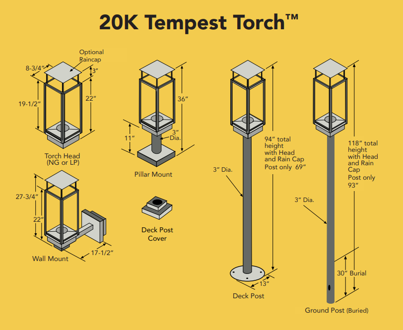 Tempest 20K Traditional Outdoor Torch Head With Deck Mount Assembly - 949007