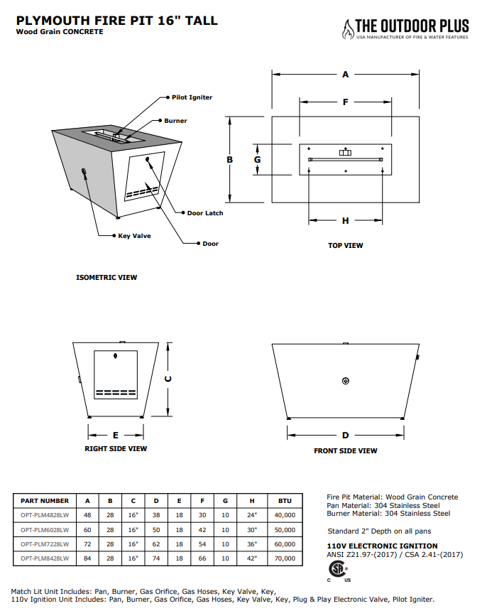 The Outdoor Plus Plymouth Rectangular Wood Grain Concrete Fire Pit + Free Cover