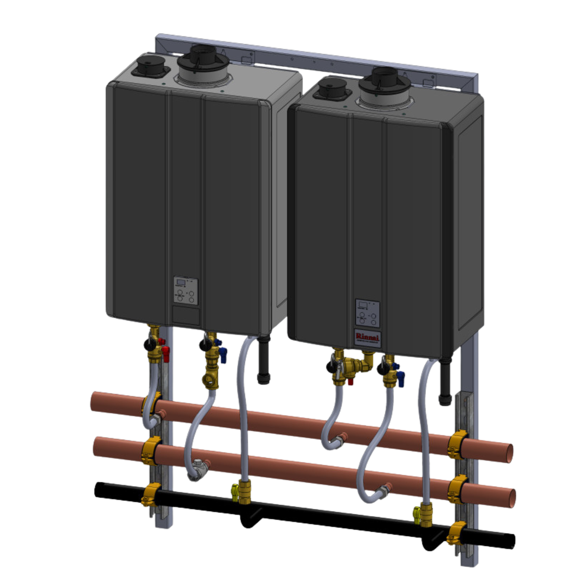 Rinnai SE+ 2-Unit Wall Hanging Frame System with Pump – RUR199i & RU199i | 398,000 BTU