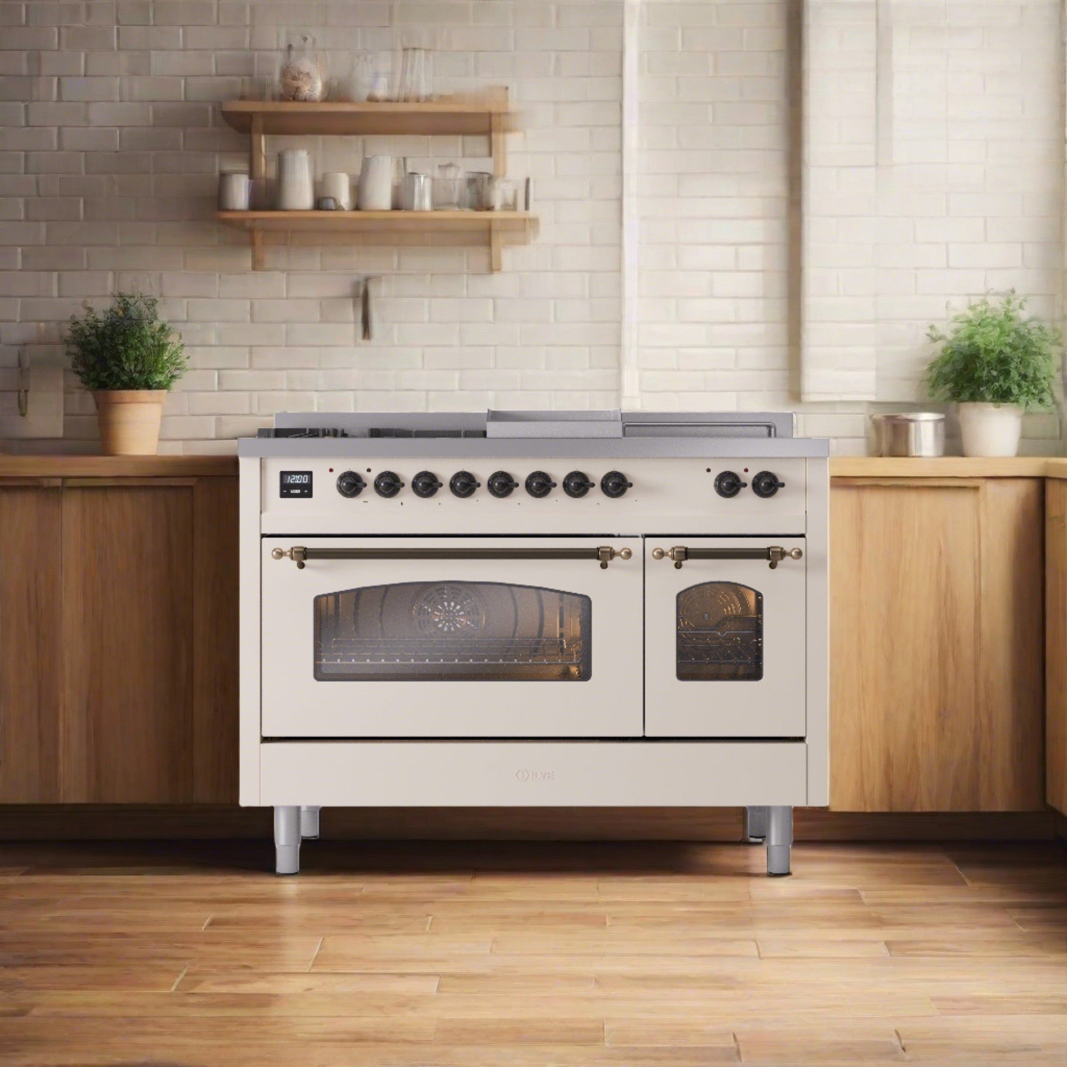 ILVE Nostalgie 48" Dual Fuel Range with 5 Sealed Burners Griddle French Top Triple Glass Door UP48FSNMP