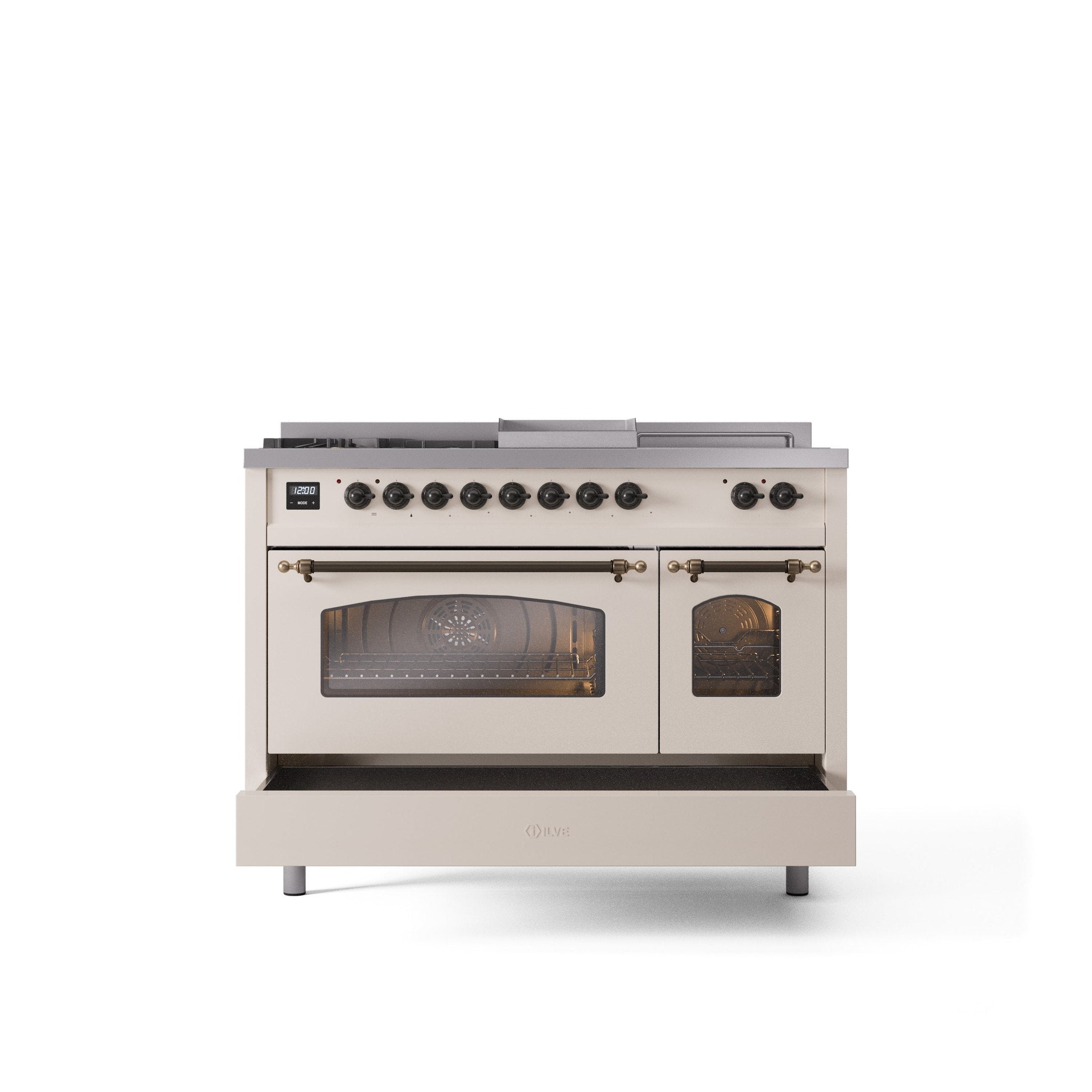 ILVE Nostalgie 48" Dual Fuel Range with 5 Sealed Burners Griddle French Top Triple Glass Door UP48FSNMP