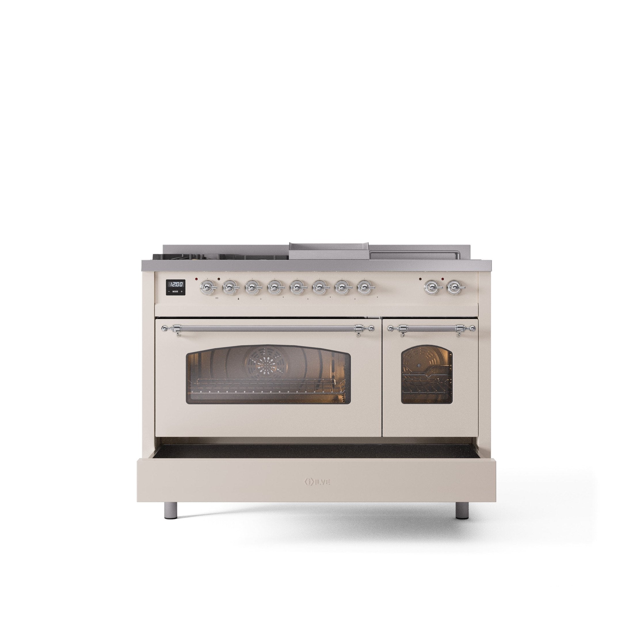 ILVE Nostalgie 48" Dual Fuel Range with 5 Sealed Burners Griddle French Top Triple Glass Door UP48FSNMP