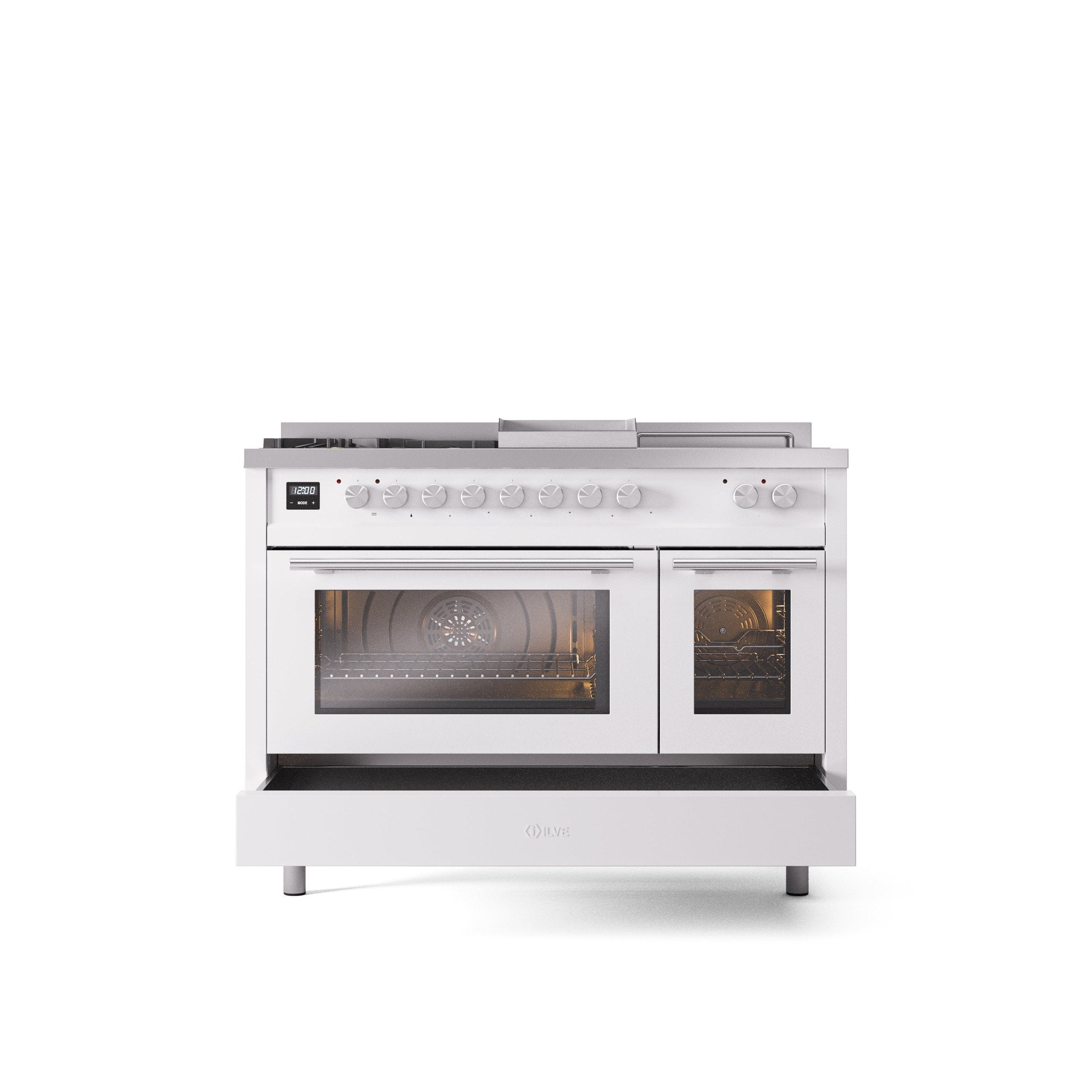 ILVE Professional Plus II 48" Dual Fuel Range with 5 Sealed Burners Griddle French Top Triple Glass Door UP48FSWMP