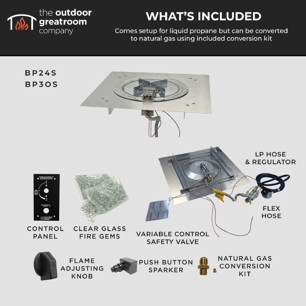 The Outdoor Greatroom Crystal Fire Plus Square Gas Burner Insert and Plate Kit - BP24S-A