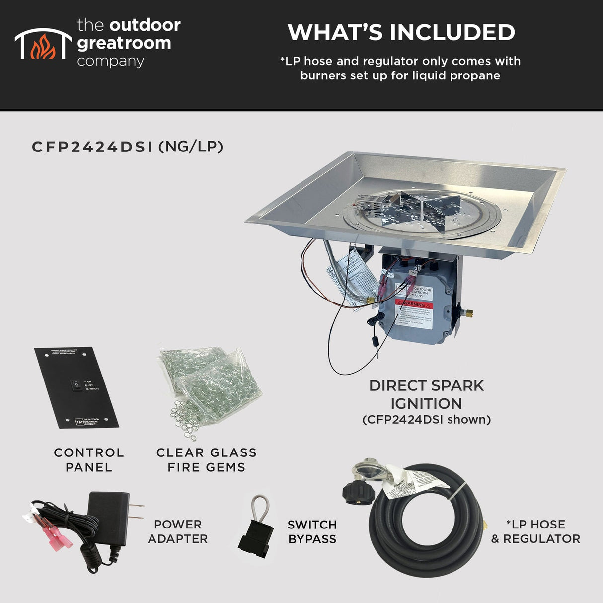 The Outdoor Greatroom Crystal 24" Fire Plus Square Gas Burner - CFP2424-K