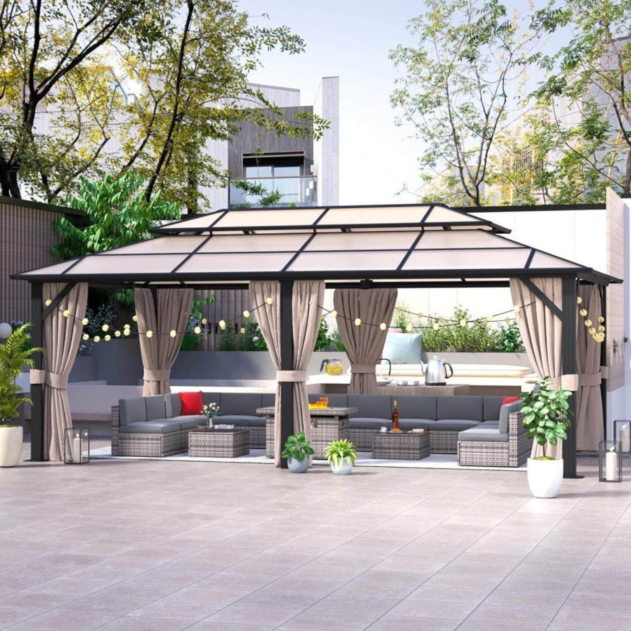 [12x20FT] Premium Aluminum Outdoor Polycarbonate Hardtop Gazebo With UV Protection, Netting & Curtains (96815273)