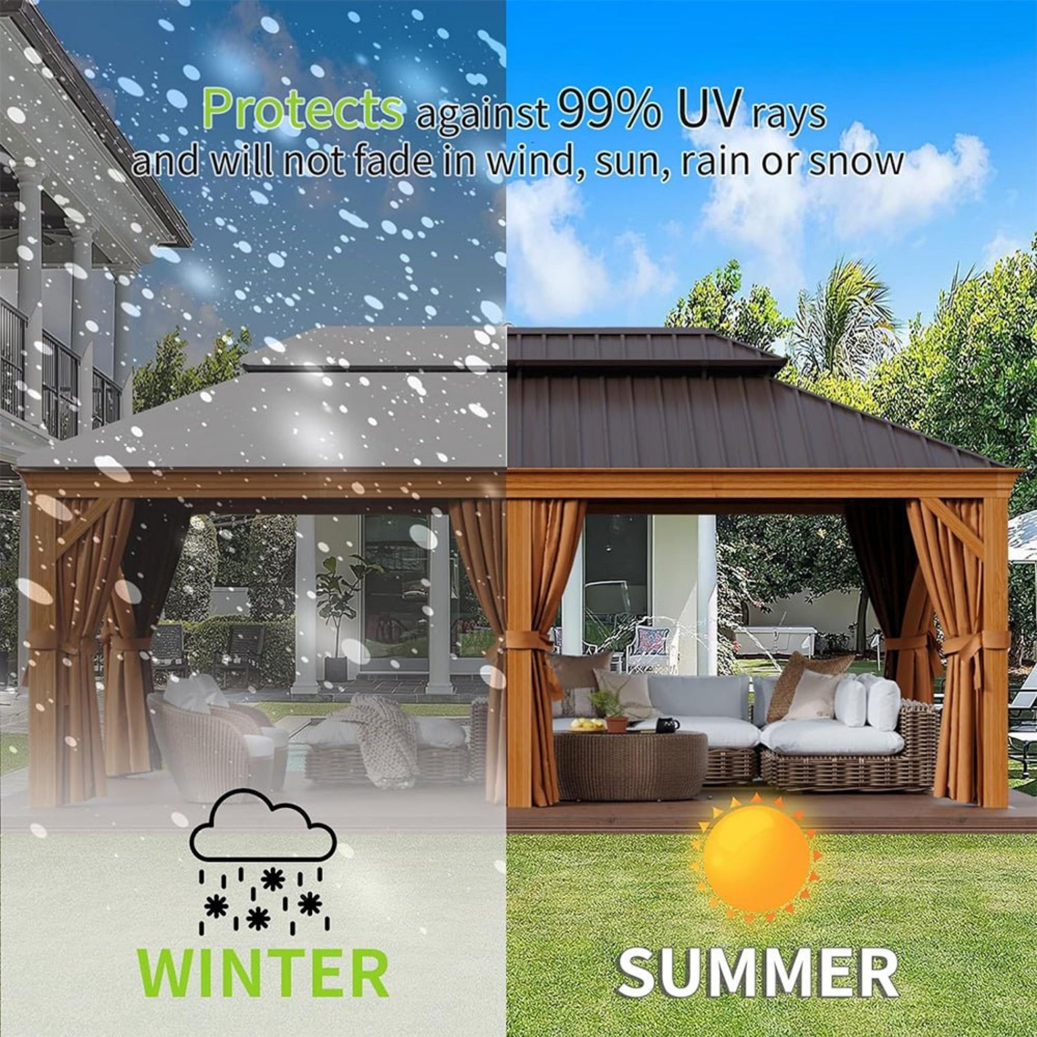 [12x20FT] AXN Premium Large Aluminum Hardtop Gazebo W/ Netting, Privacy Curtains And Wood Grain Finish (93158374)
