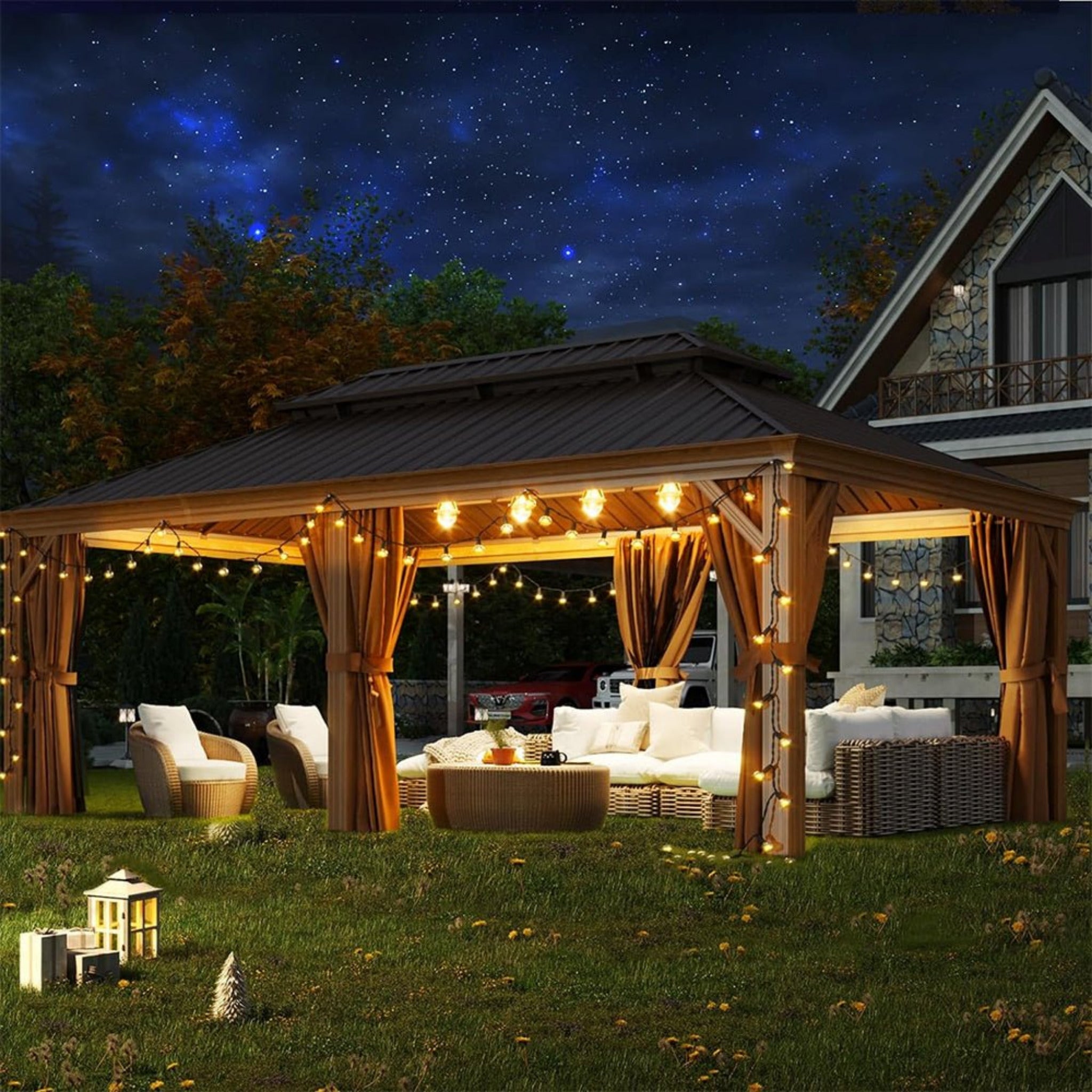 [12x20FT] AXN Premium Large Aluminum Hardtop Gazebo W/ Netting, Privacy Curtains And Wood Grain Finish (93158374)