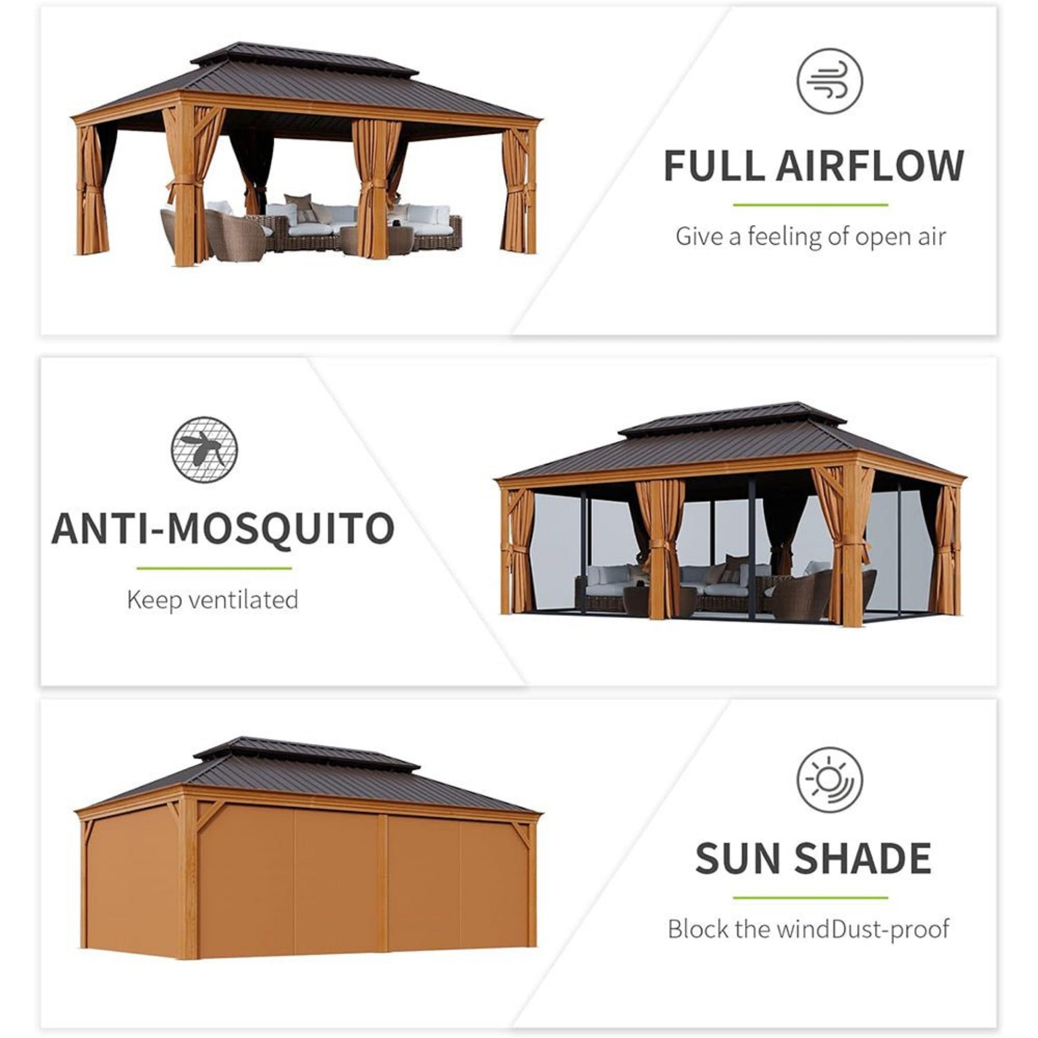[12x20FT] AXN Premium Large Aluminum Hardtop Gazebo W/ Netting, Privacy Curtains And Wood Grain Finish (93158374)