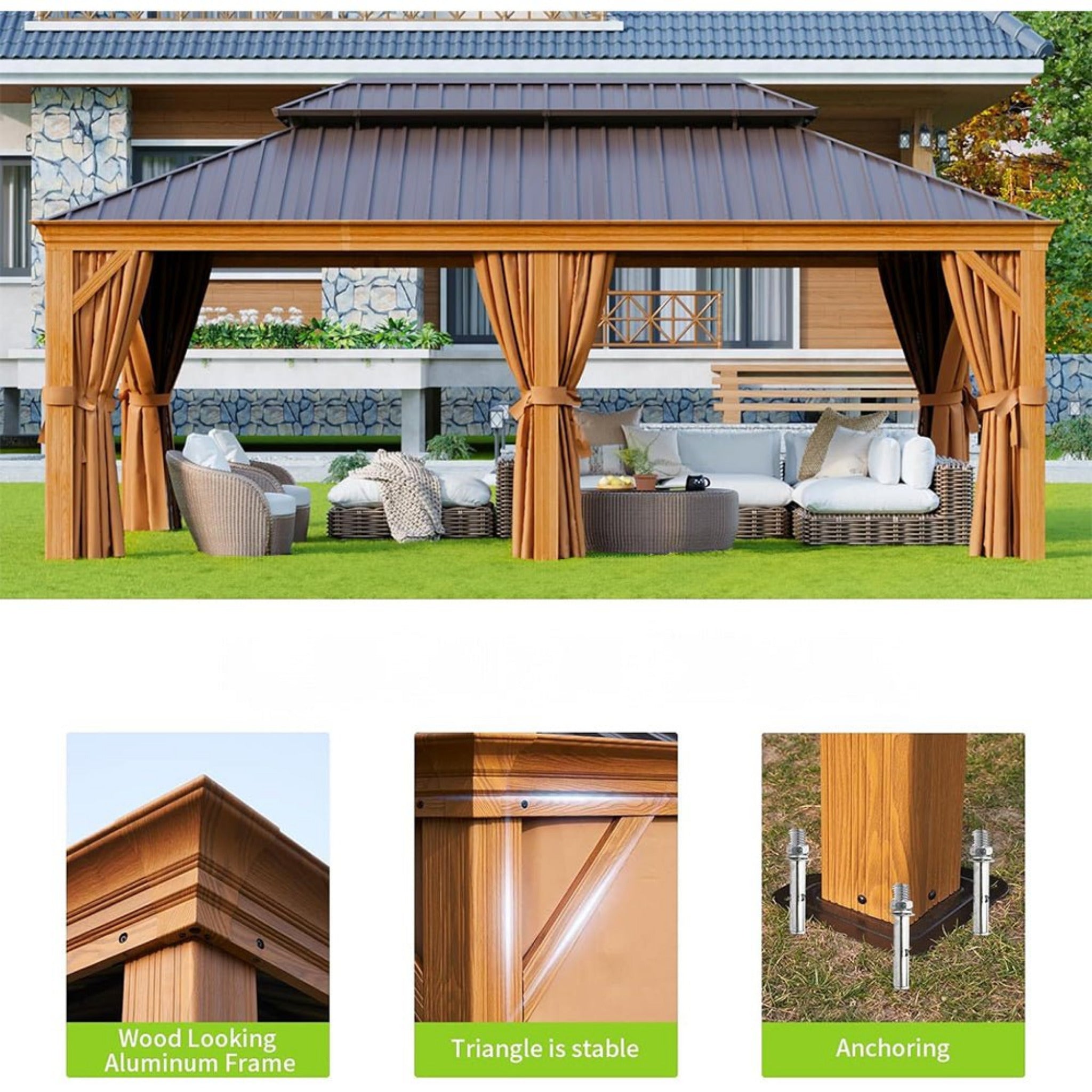 [12x20FT] AXN Premium Large Aluminum Hardtop Gazebo W/ Netting, Privacy Curtains And Wood Grain Finish (93158374)