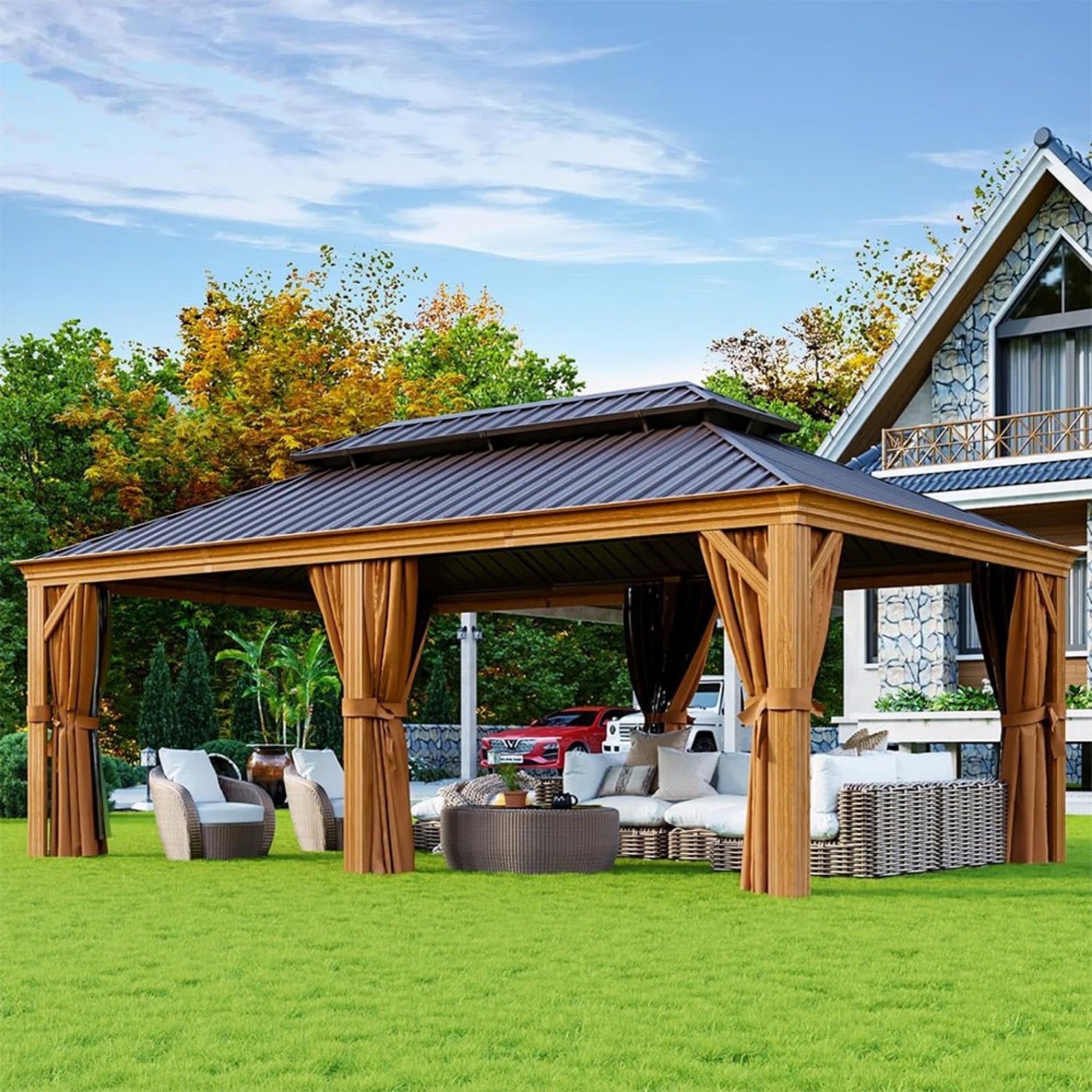 [12x20FT] AXN Premium Large Aluminum Hardtop Gazebo W/ Netting, Privacy Curtains And Wood Grain Finish (93158374)
