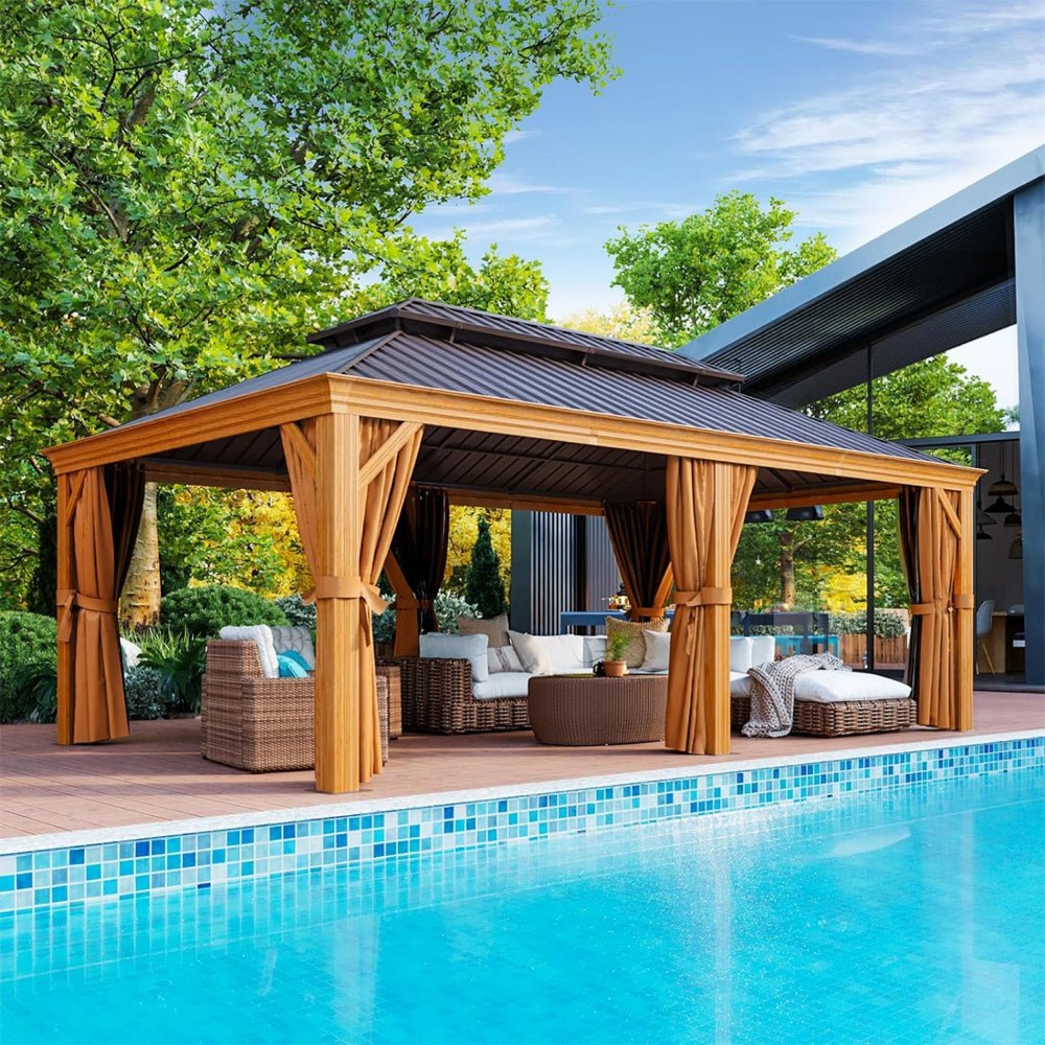 [12x20FT] AXN Premium Large Aluminum Hardtop Gazebo W/ Netting, Privacy Curtains And Wood Grain Finish (93158374)