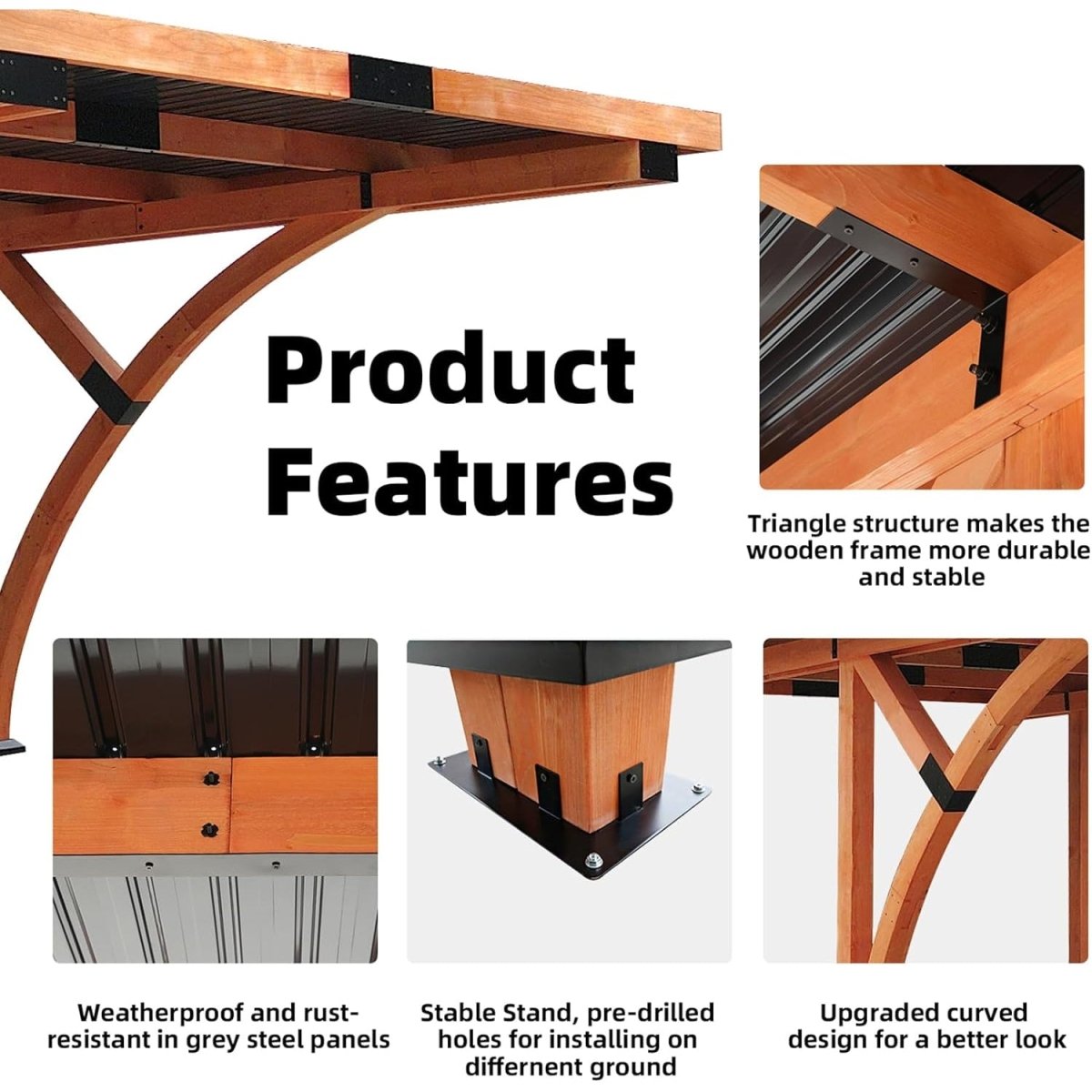 [12x18FT] Premium Heavy Duty Pine Wood Arc-Shaped Carport With Metal Roof