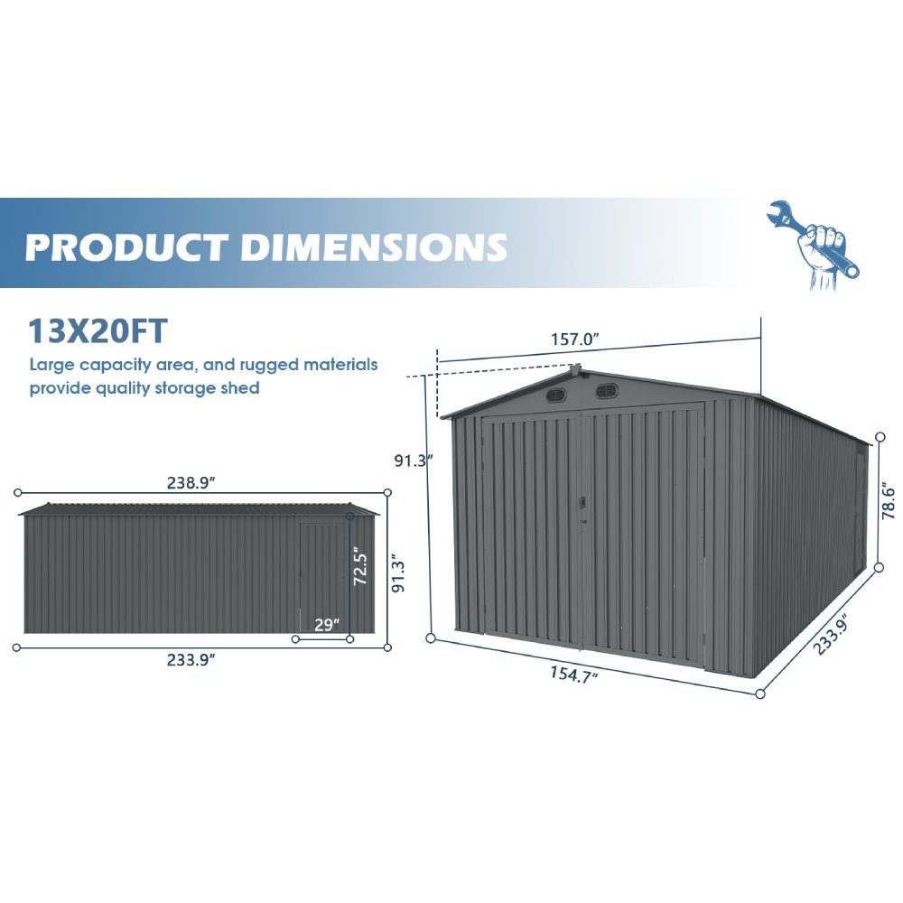 [13x19FT] Extra Large Premium Heavy Duty UV Resistant Metal Garage Shed
