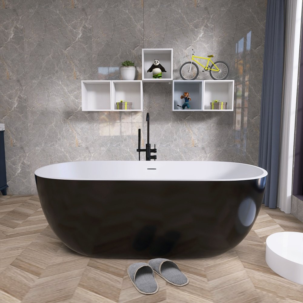Classic 55 Inch Oval Acrylic Freestanding Soaking Tub With Overflow and Anti-Clog, Black (93741520)