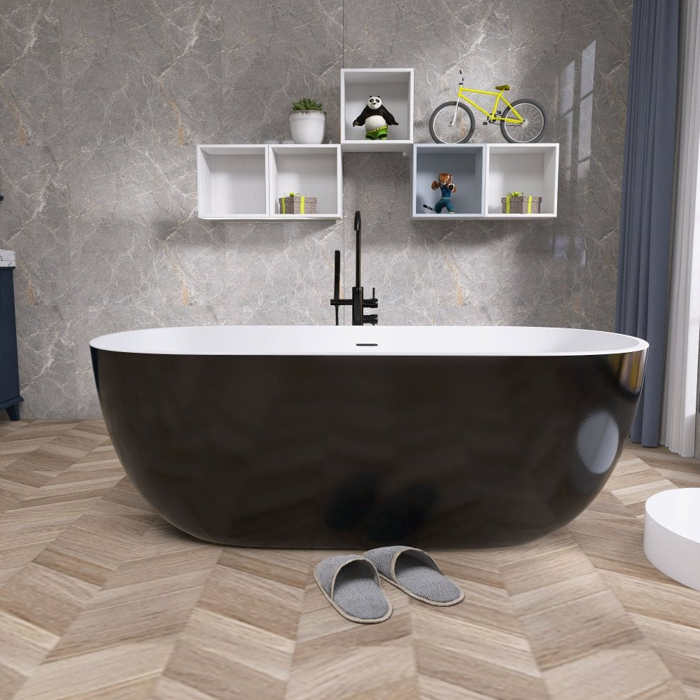 Classic 55 Inch Oval Acrylic Freestanding Soaking Tub With Overflow and Anti-Clog, Black (93741520)