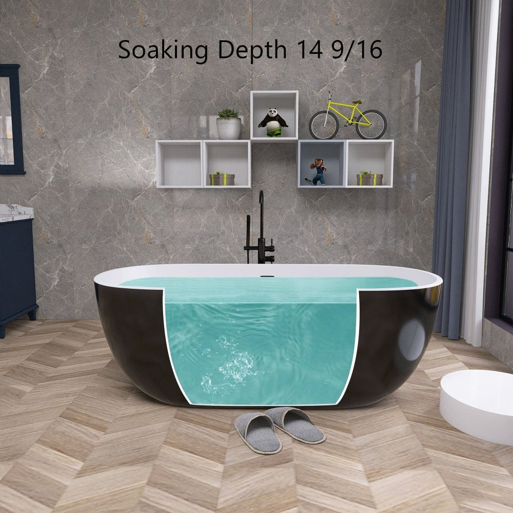 Classic 55 Inch Oval Acrylic Freestanding Soaking Tub With Overflow and Anti-Clog, Black (93741520)