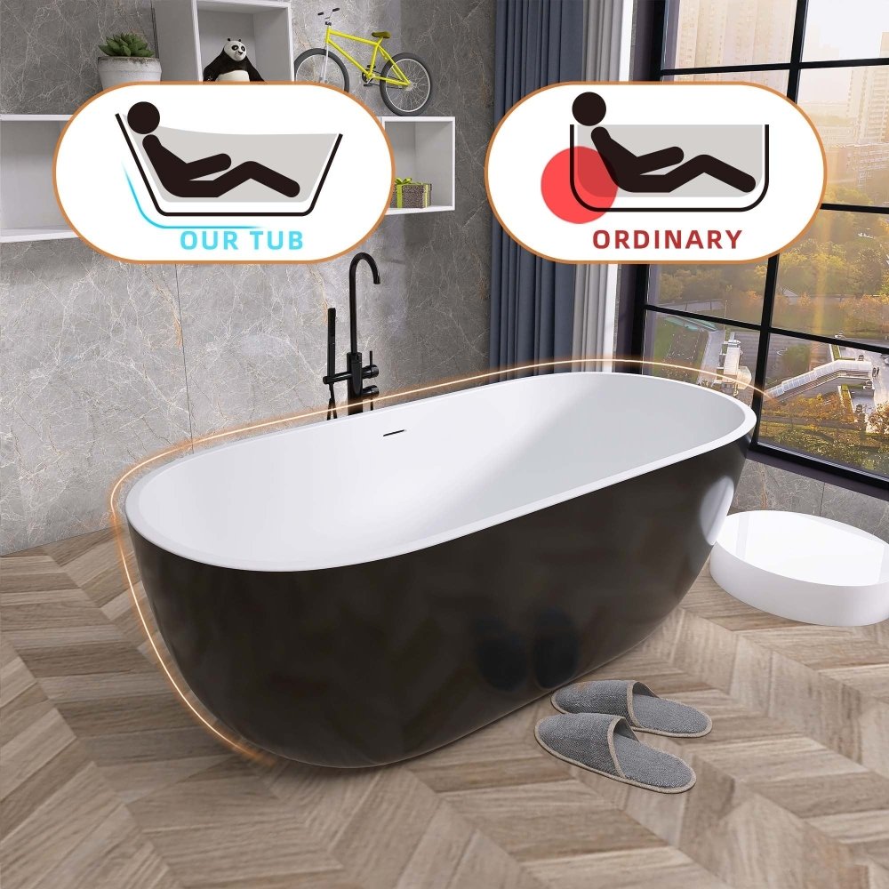 Classic 55 Inch Oval Acrylic Freestanding Soaking Tub With Overflow and Anti-Clog, Black (93741520)