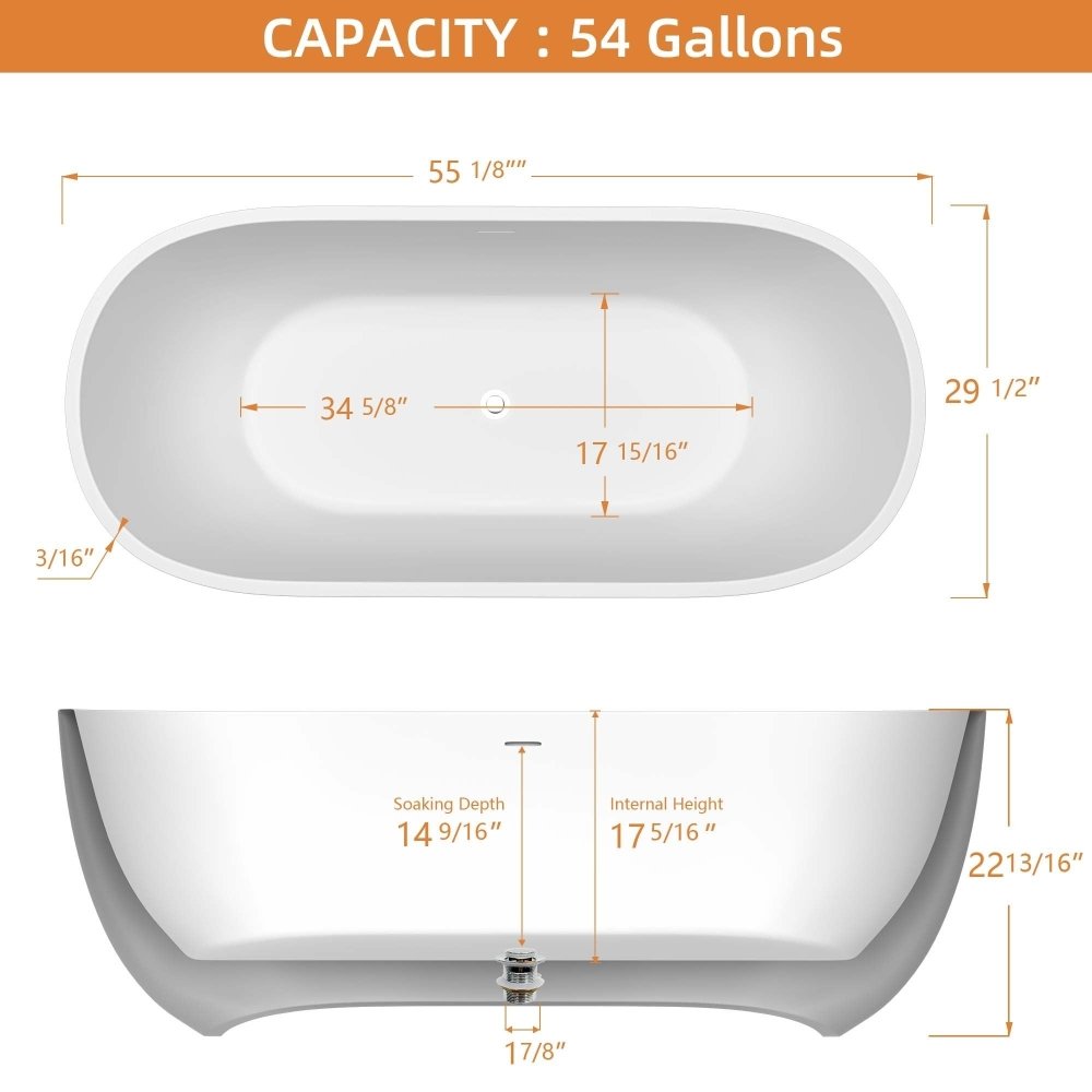 Classic 55 Inch Oval Acrylic Freestanding Soaking Tub With Overflow and Anti-Clog, Black (93741520)