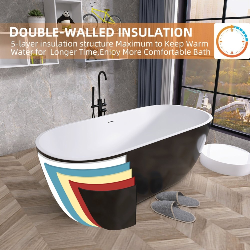 Classic 55 Inch Oval Acrylic Freestanding Soaking Tub With Overflow and Anti-Clog, Black (93741520)