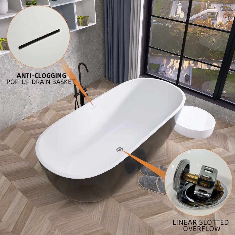 Classic 55 Inch Oval Acrylic Freestanding Soaking Tub With Overflow and Anti-Clog, Black (93741520)
