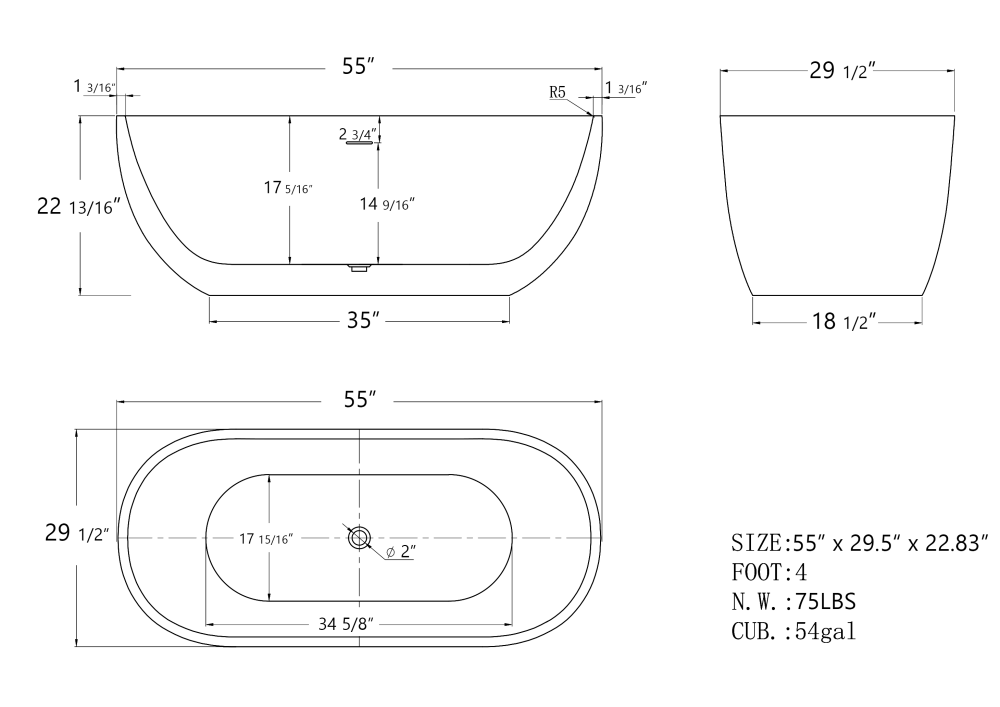 Classic 55 Inch Oval Acrylic Freestanding Soaking Tub With Overflow and Anti-Clog, Black (93741520)