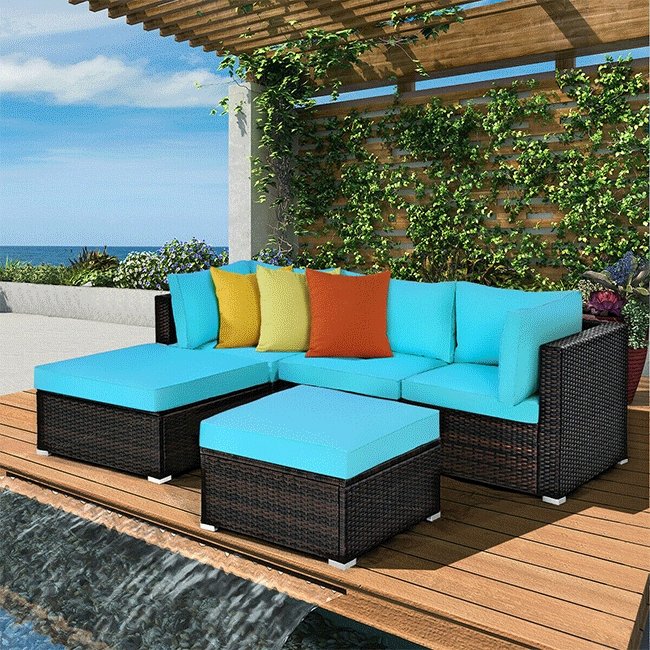 Costway Outdoor Patio Rattan Turquoise Furniture Sectional Conversation Sofa Set, 5PCS
