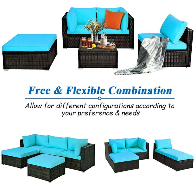 Costway Outdoor Patio Rattan Turquoise Furniture Sectional Conversation Sofa Set, 5PCS