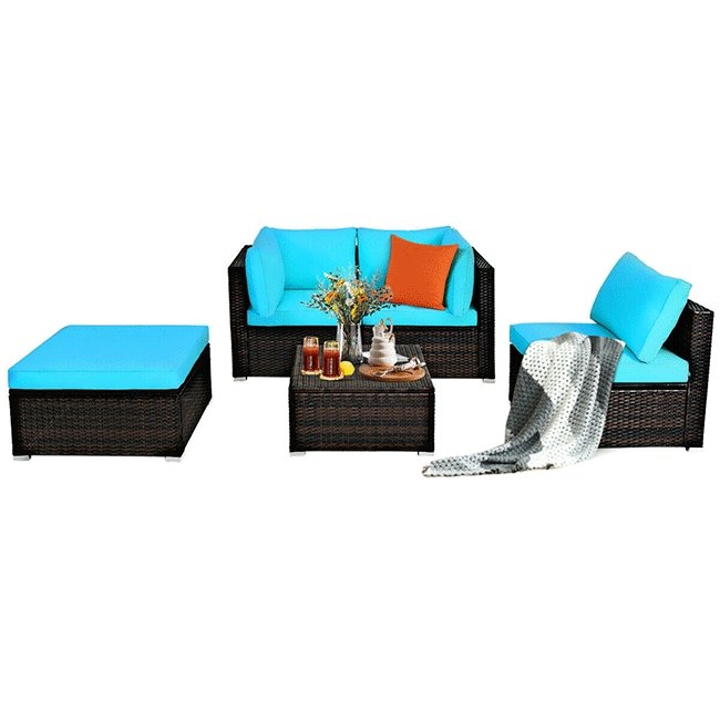 Costway Outdoor Patio Rattan Turquoise Furniture Sectional Conversation Sofa Set, 5PCS