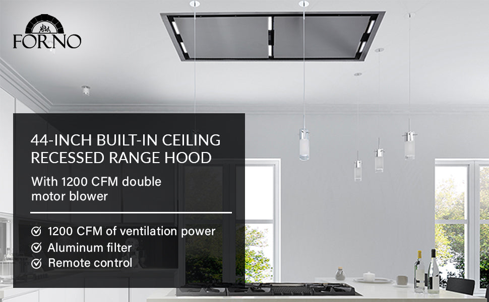 Forno Arezzo 44-Inch Recessed Ceiling Range Hood, Dual Motors, 1200 CFM, Hybrid Filters