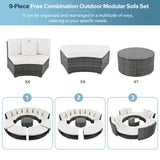 Elegant Beige Circular Rattan Patio Sofa Set With Tempered Glass Coffee Table And 6 Pillows