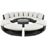 Large Premium Rattan Wicker Circular Patio Sofa Set With Tempered Glass Coffee Table And 6 Pillows