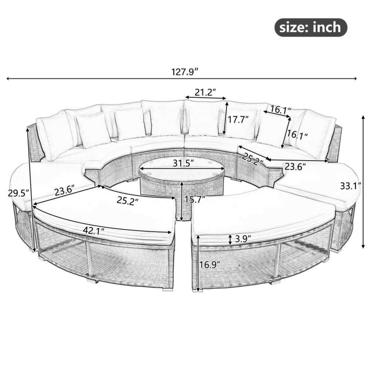 Elegant Beige Circular Rattan Patio Sofa Set With Tempered Glass Coffee Table And 6 Pillows