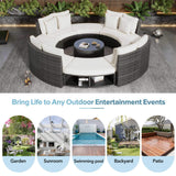 Elegant Beige Circular Rattan Patio Sofa Set With Tempered Glass Coffee Table And 6 Pillows