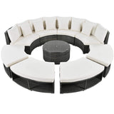 Elegant Beige Circular Rattan Patio Sofa Set With Tempered Glass Coffee Table And 6 Pillows