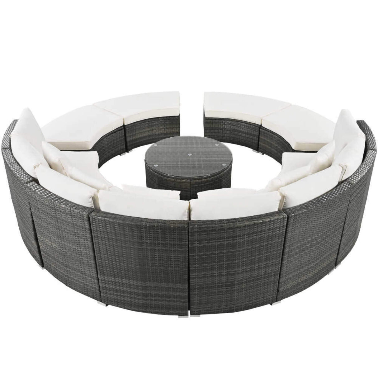 Elegant Beige Circular Rattan Patio Sofa Set With Tempered Glass Coffee Table And 6 Pillows