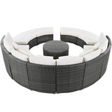 Elegant Beige Circular Rattan Patio Sofa Set With Tempered Glass Coffee Table And 6 Pillows