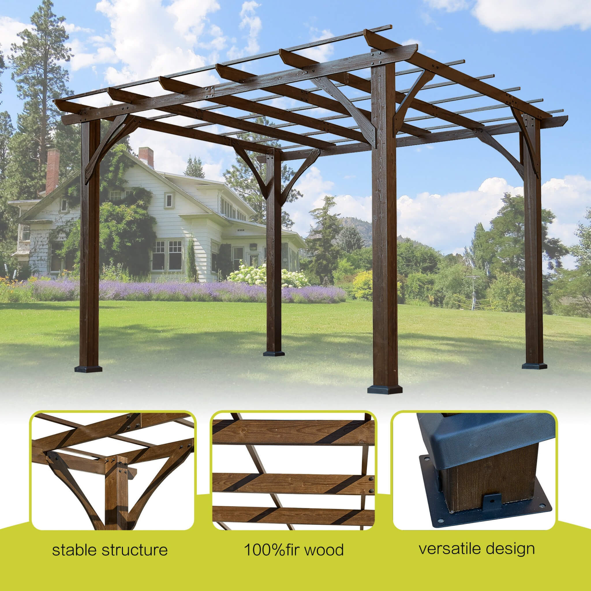 [10x12FT] Premium Outdoor Brown Cedar Wood Pergola For Spacious Patios