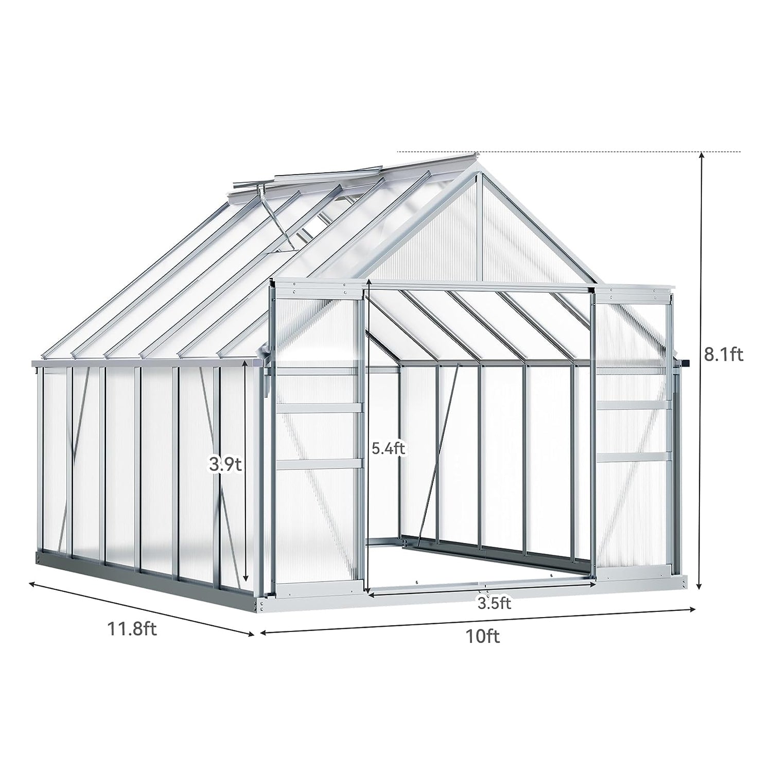 [10x12FT] Extra Large Heavy Duty Polycarbonate Aluminum Greenhouse With Sliding Doors And Vents (92574183)