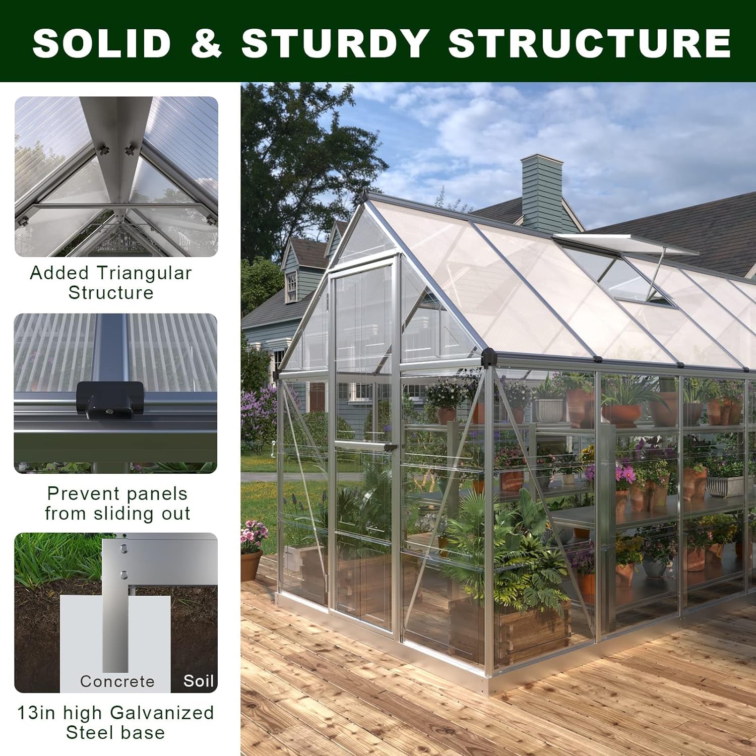 [06x16FT] Extra Large Outdoor Polycarbonate Aluminum Walk-In Greenhouse With Lockable Hinged Door (93148572)