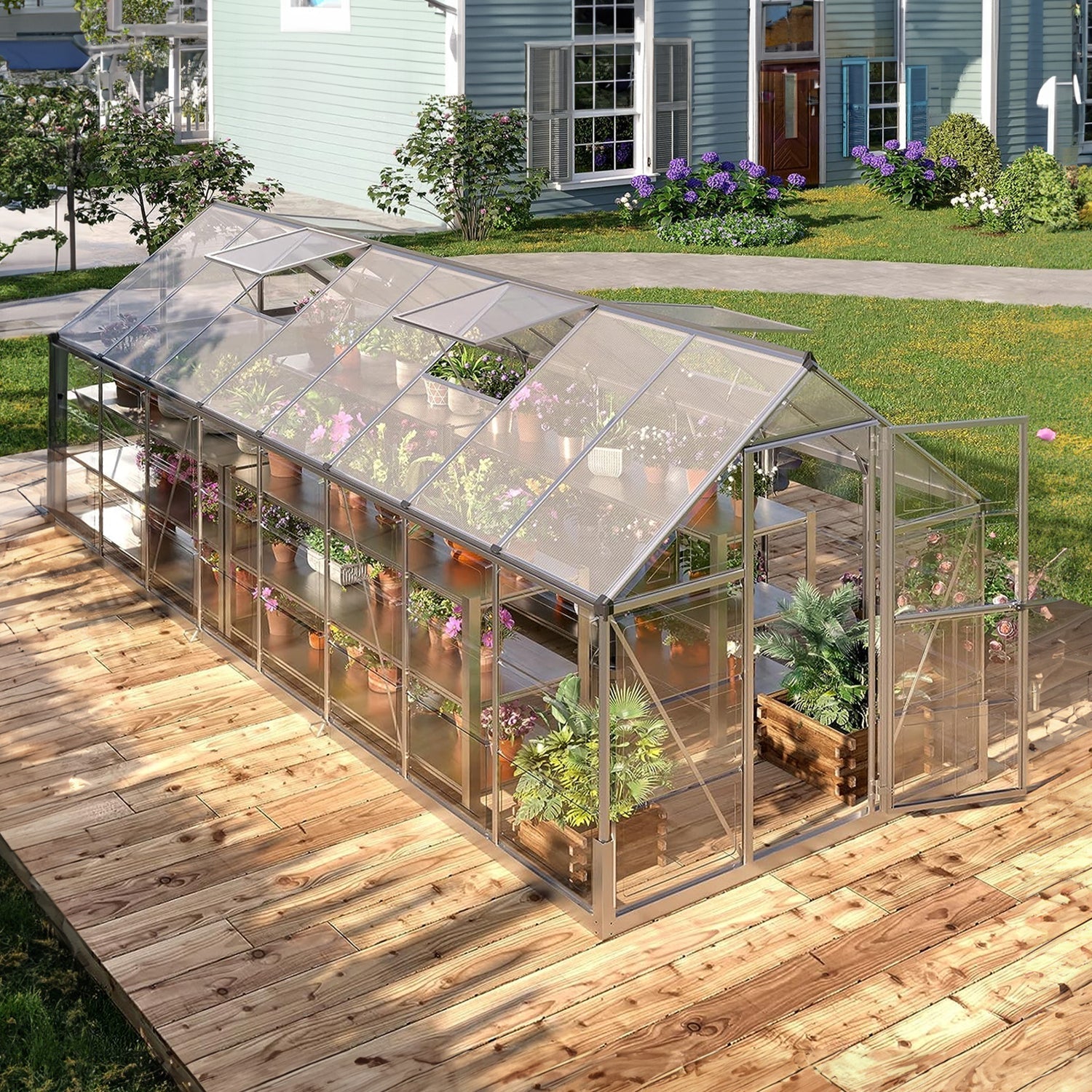 [06x16FT] Extra Large Outdoor Polycarbonate Aluminum Walk-In Greenhouse With Lockable Hinged Door (93148572)