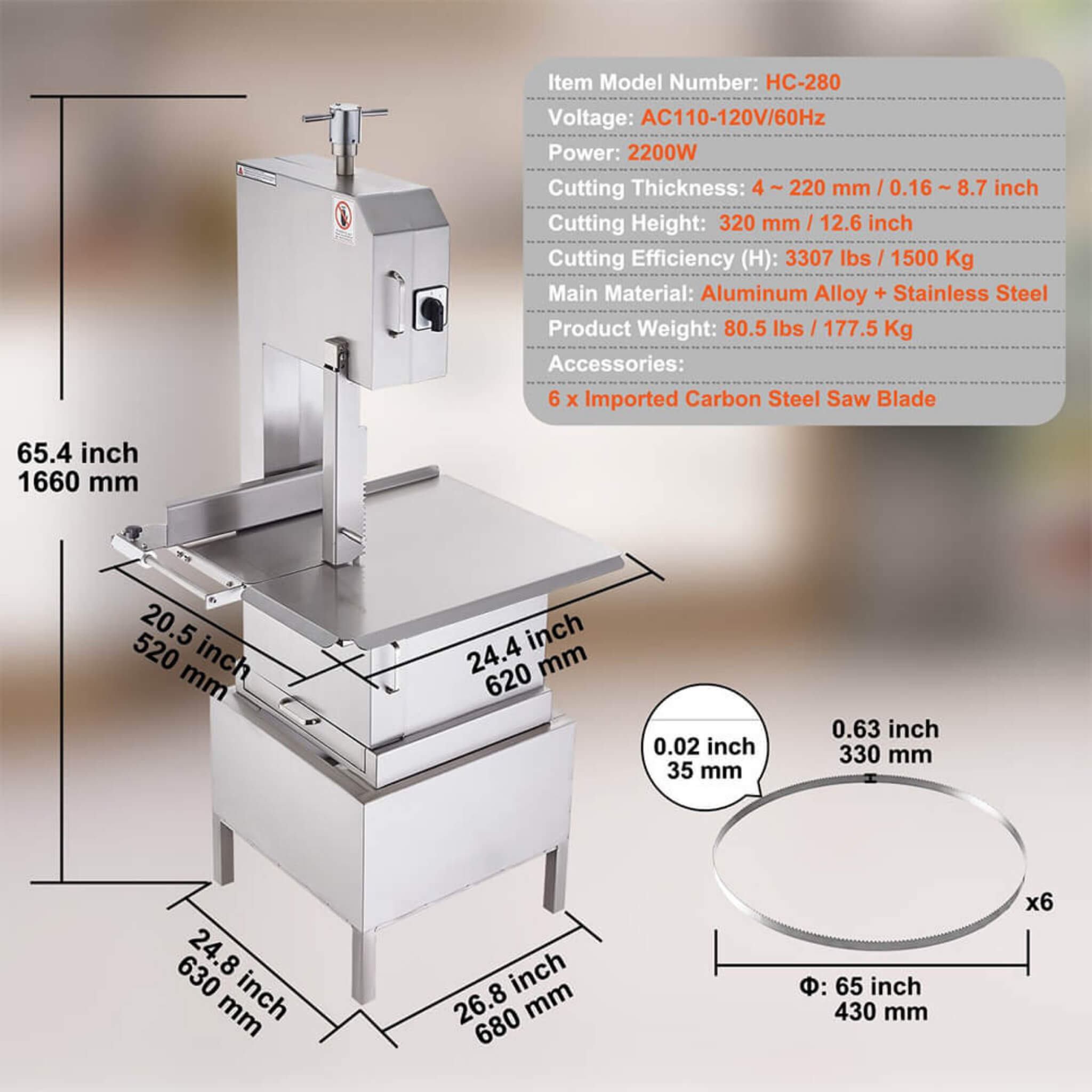Heavy Duty Commercial Electric Meat Bone Saw Cutting Band Machine With 6 Saw Blades, 2200W