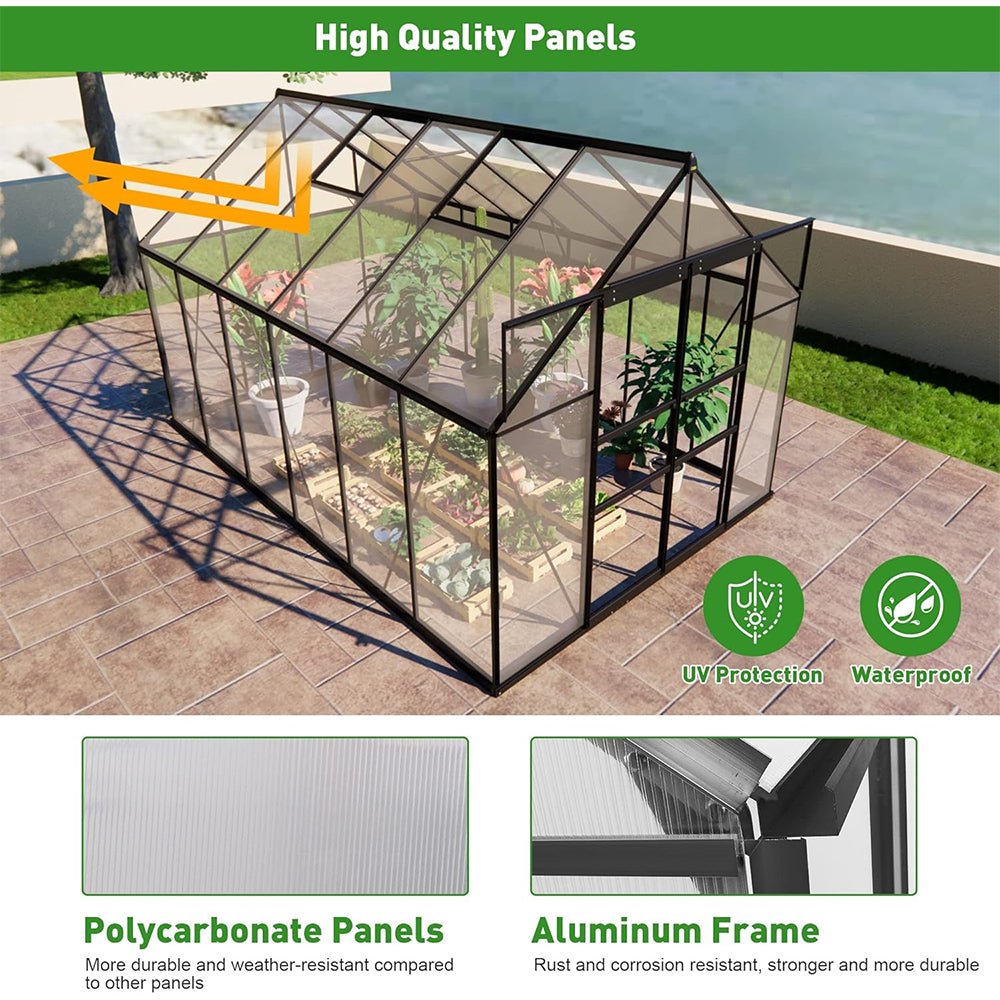 [08x12FT] Heavy Duty Large Premium Aluminum Outdoor Polycarbonate Walk-In Greenhouse W/ Sliding Doors (91842753)