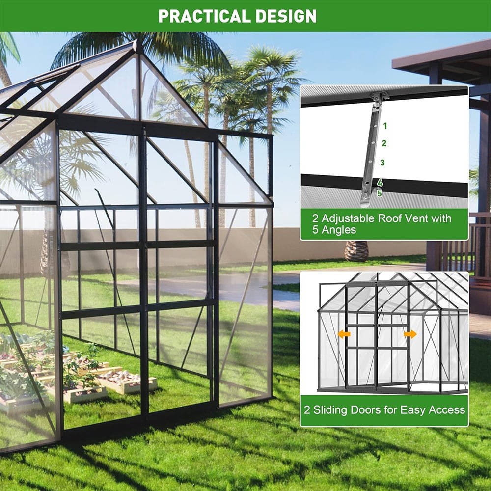 [08x12FT] Heavy Duty Large Premium Aluminum Outdoor Polycarbonate Walk-In Greenhouse W/ Sliding Doors (91842753)